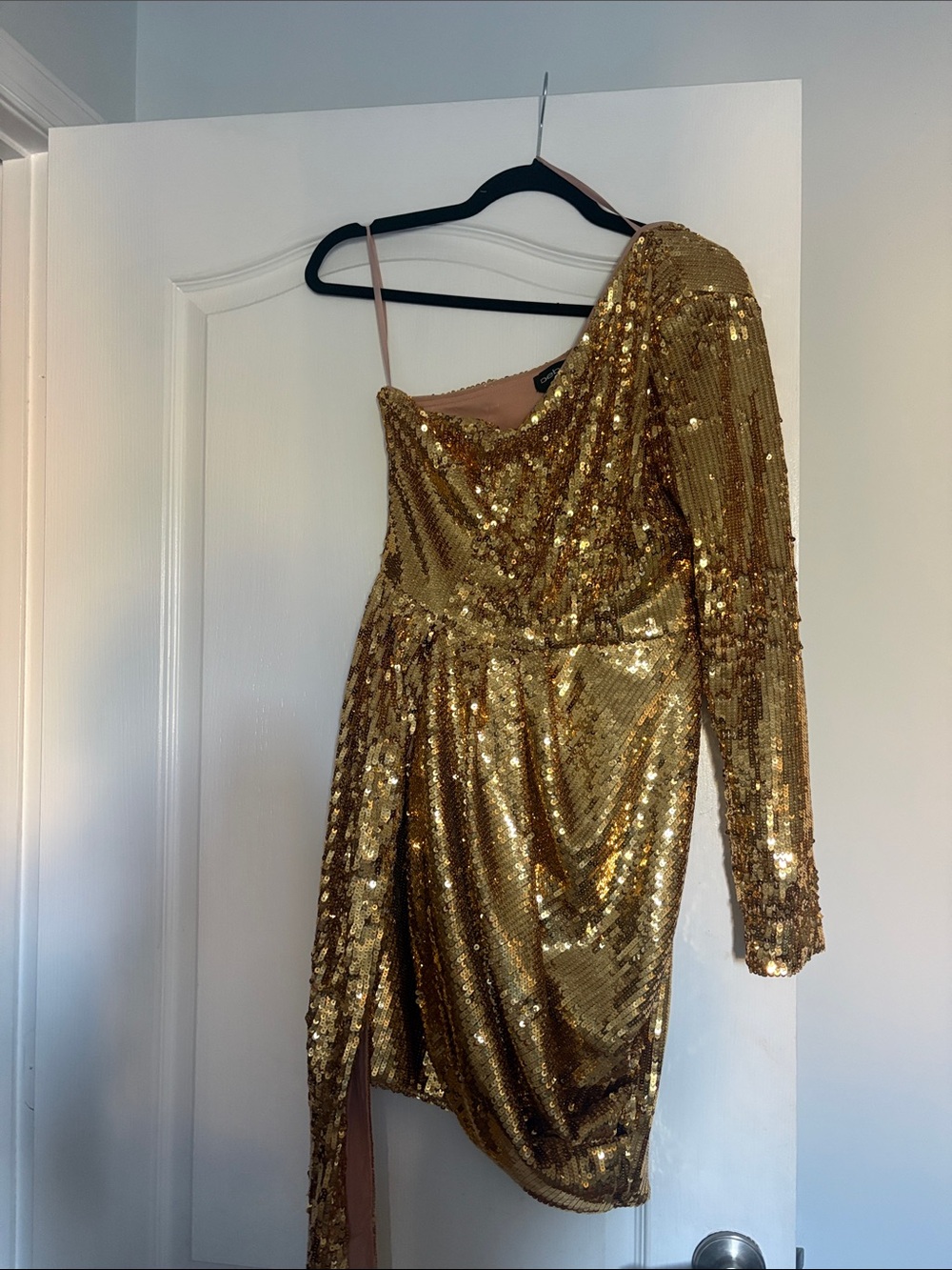 bebe Gold One-Shoulder Sequin Mini Dress